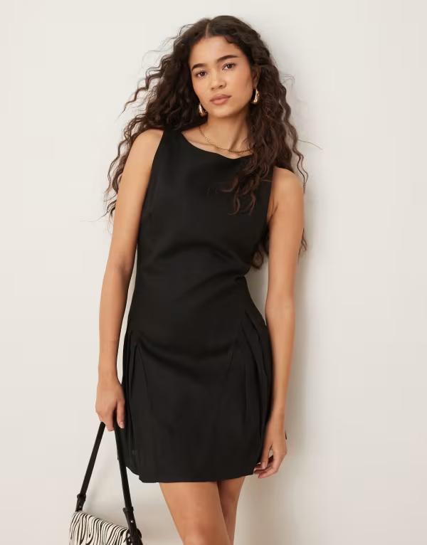 マンゴ レディース トップス ワンピース ミニワンピース ミニ リネン Mango linen mix dropped waist mini dress Black ブラック
