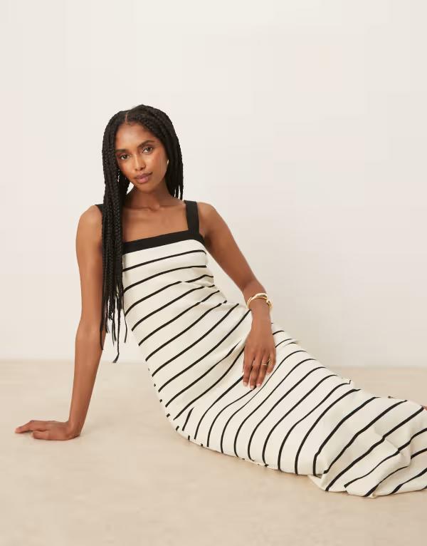 マンゴ レディース トップス ワンピース Mango square neck striped straight fit midaxi dress WHITE ホワイト
