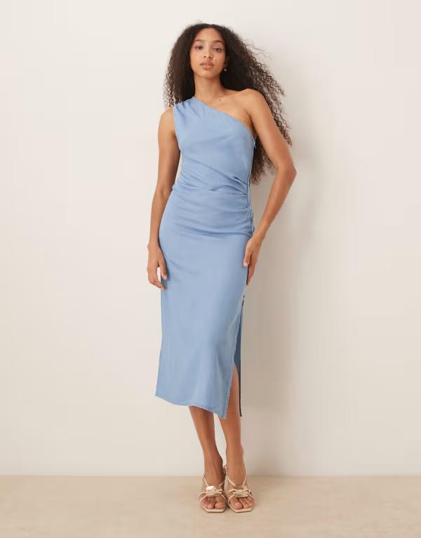 マンゴ レディース トップス ワンピース サイドスリット ドレープ デニム Mango draped one shoulder denim look midaxi dress with side slit BLUE ブルー|ReVida 店