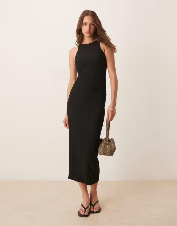 エイソス レディース トップス ワンピース ミディワンピース ミディ ASOS DESIGN textured racerneck midi dress Black ブラック｜ReVida 店