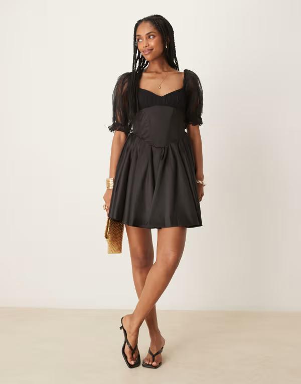 レース アンド ビーズ レディース トップス ワンピース バルーンスリーブ ミニワンピース ミニ Lace & Beads balloon sleeve corset mini dress Black ブラック｜ReVida 店