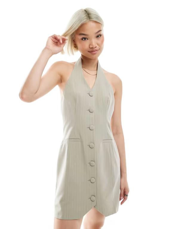 ミスセルフフリッジ レディース トップス ワンピース ミニワンピース ミニ ホルター Miss Selfridge tailored halter mini dress in pinstripes Pinstripe
