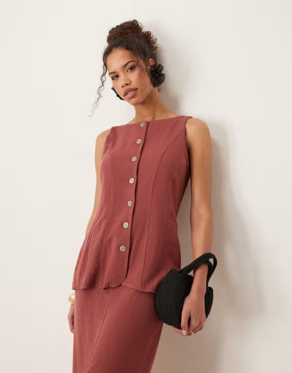 エイソス レディース トップス ワンピース ミディワンピース ミディ ベスト リネン ASOS DESIGN linen vest detail midi dress in apple butter Apple butter