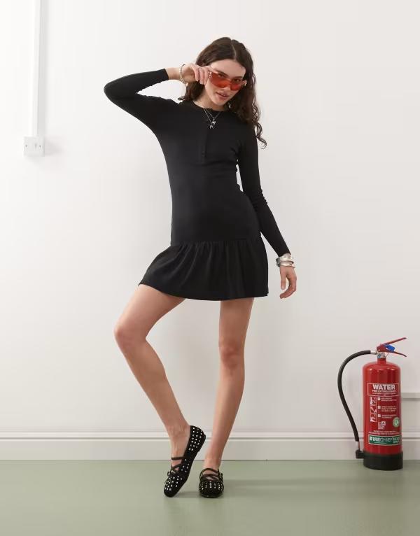 コルージョン レディース トップス ワンピース ミニワンピース ミニ COLLUSION dropped waist henley rib mini dress Black ブラック