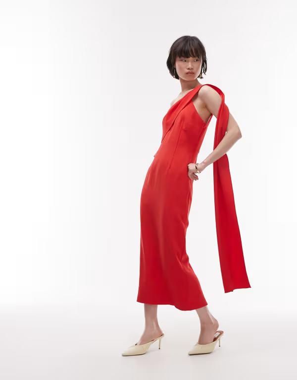 マンゴ レディース トップス ワンピース ドレープ Mango one shoulder draped dress RED レッド