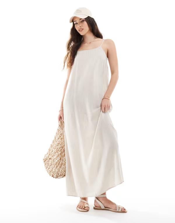 ピーシーズ レディース トップス ワンピース マキシワンピース リネン マキシ Pieces linen touch cami maxi dress in birch cream Birch クリーム