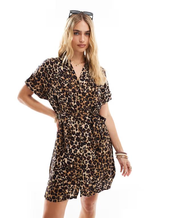 ヴェロモーダ レディース トップス ワンピース シャツワンピース プリント シャツ Vero Moda shirt dress with pockets in leopard print Tigers Eye Leo アニマル｜ReVida 店