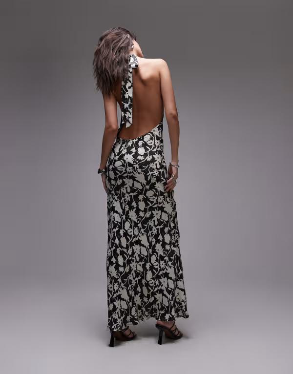 トップショップ レディース トップス ワンピース マキシワンピース フラワー柄 プリント サテン マキシ フラワー ホルター Topshop satin high cowl halter maxi dress in floral print Multi Print マルチカラー｜ReVida 店