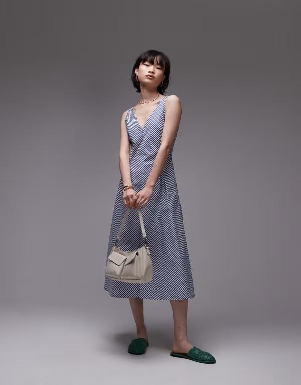 マンゴ レディース トップス ワンピース Vネック ミディワンピース ミディ コットン Mango v neck cotton midi dress stripe MID BLUE ブルー｜ReVida 店