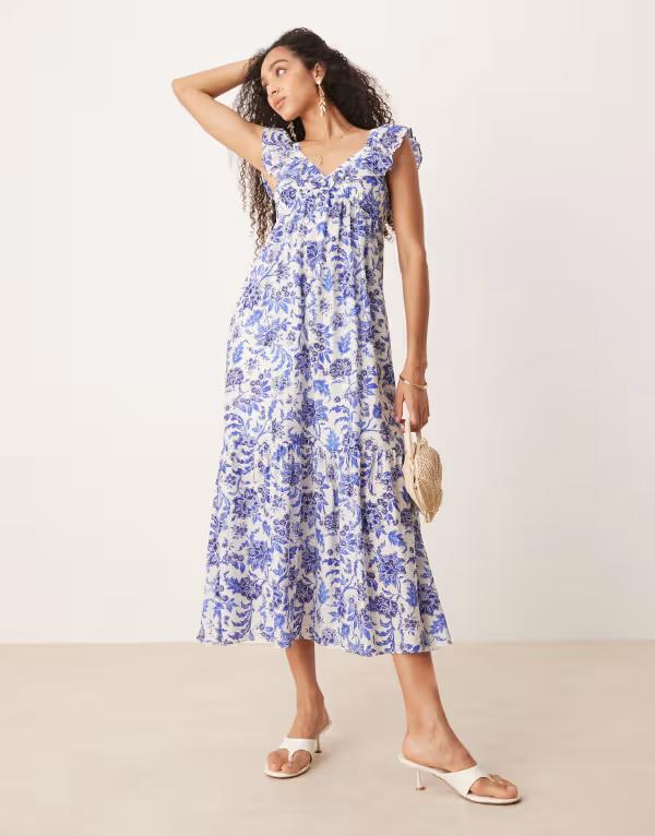 マンゴ レディース トップス ワンピース ミディワンピース プリント フリル ミディ Mango ruffle sleeve midi dress botanical print BLUE ブルー