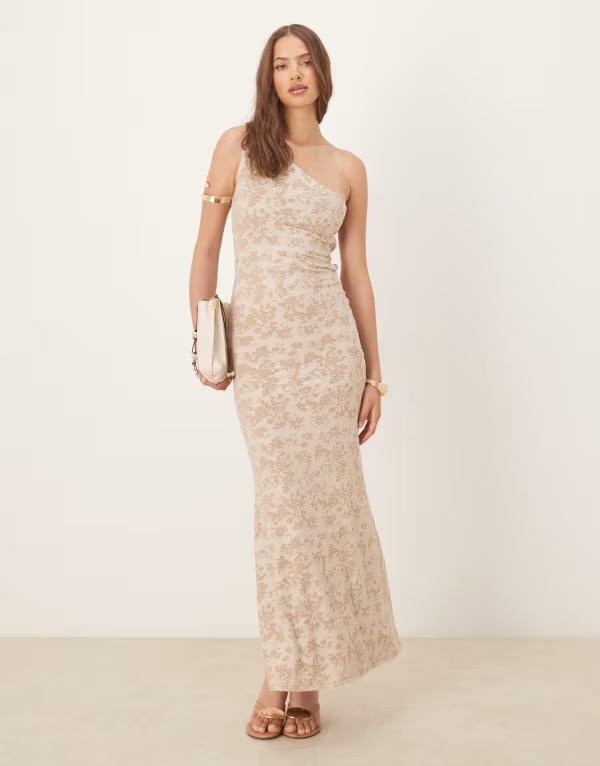 エイソス レディース トップス ワンピース マキシワンピース マキシ ASOS DESIGN devore one shoulder maxi dress with tie back detail in stone Stone ストーン