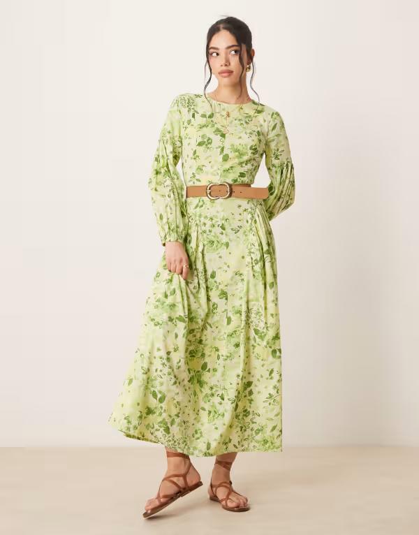 エイソス レディース トップス ワンピース マキシワンピース フラワー柄 プリント リネン マキシ フラワー ASOS DESIGN linen look maxi dress with voile godets floral print Green floral グリーン