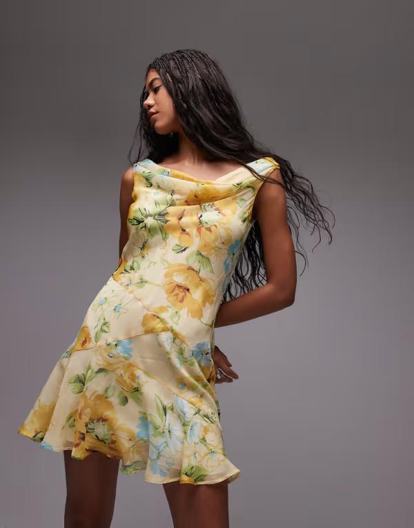 トップショップ レディース トップス ワンピース フラワー柄 ミニ フラワー Topshop cowl neck full hem mini tea dress in lemon floral YELLOW イエロー