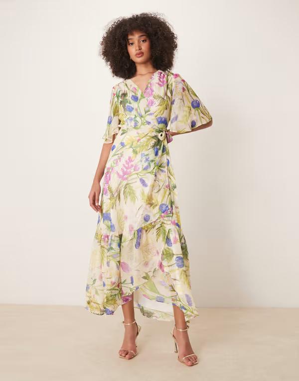 頼み所＆アイビー レディース トップス 衣装 一回り衣装 刷り上げる マキシ Hope \u0026 Ivy frill sleeve maxi wrap dress with tie waist print White Multi 白いこと
