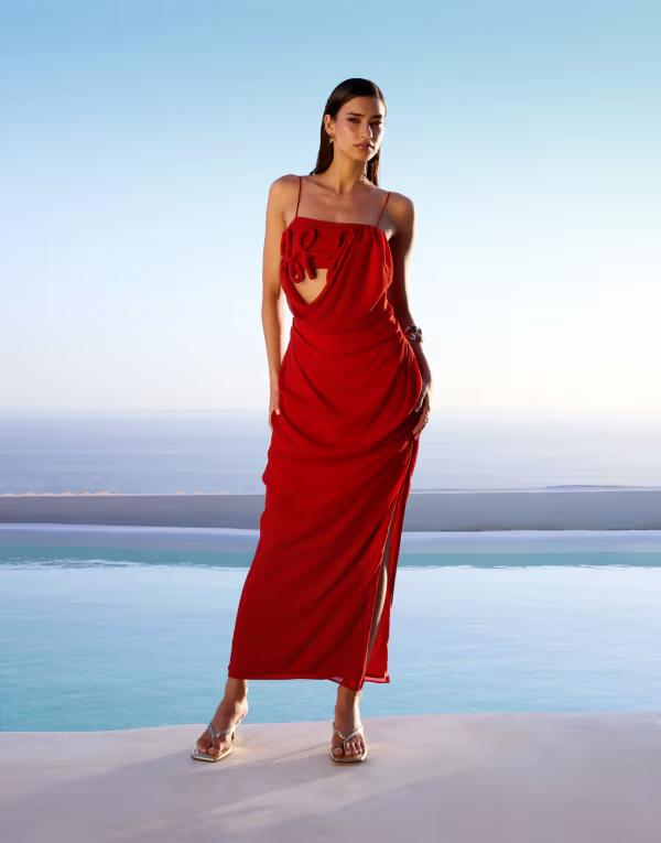 エイソス レディース トップス ワンピース マキシワンピース フラワー柄 ドレープ マキシ フラワー ASOS DESIGN draped cami maxi dress with 3d floral details in burnt Burnt Red レッド
