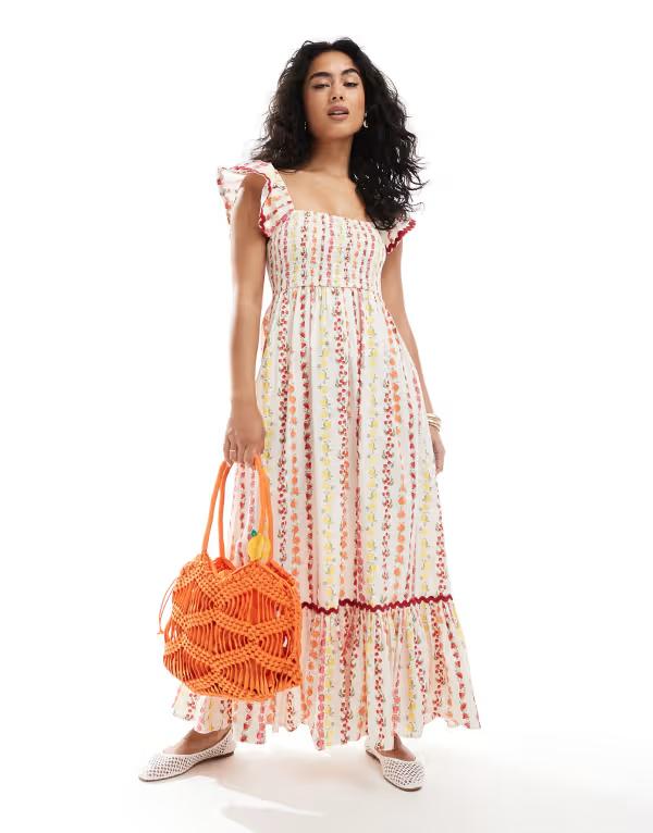 ミスセルフフリッジ レディース トップス ワンピース マキシワンピース プリント マキシ Miss Selfridge poplin maxi dress in fruit print Fruit print