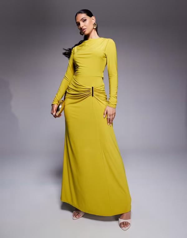 エイソス レディース トップス ワンピース マキシワンピース ドレープ スカート マキシ ASOS DESIGN long sleeve drape maxi dress with hitched skirt and trim in lime Lime ライム