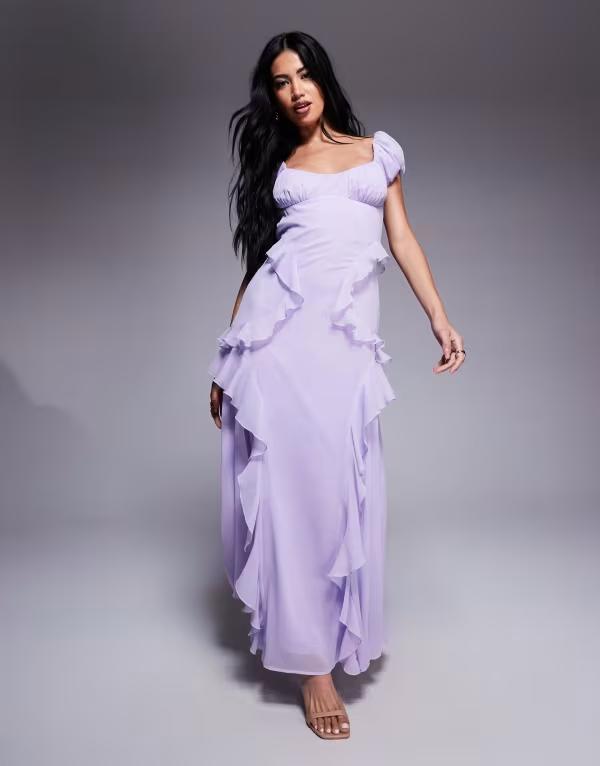 エイソス レディース トップス 衣装 midi衣装 フラウンス midi ASOS DESIGN gathered sleeves MIDI dress with ruffles インチ lilac LILAC 紫はしどい