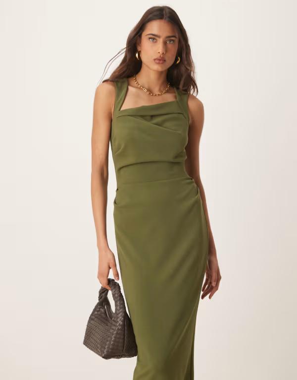 エイソス レディース トップス ワンピース ミディワンピース ミディ ASOS DESIGN square neck midi dress GREEN グリーン
