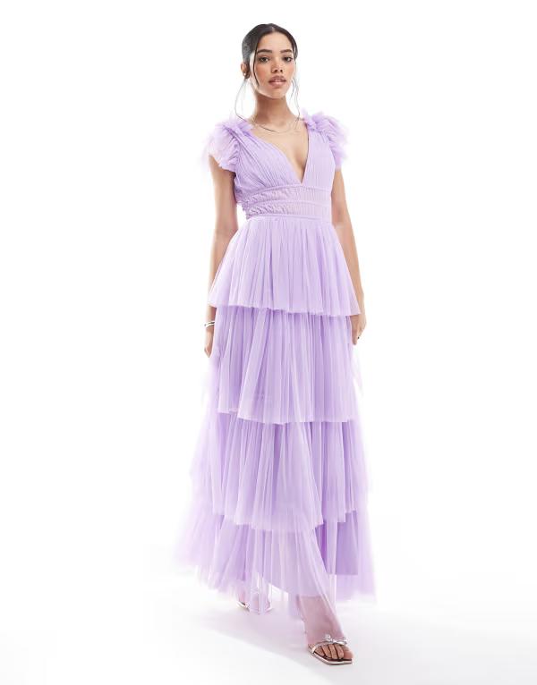 レース アンド ビーズ レディース トップス ワンピース チュール マキシワンピース フリル マキシ Lace & Beads Bridesmaid ruffle shoulder tulle maxi dress in lilac Lilac ライラック
