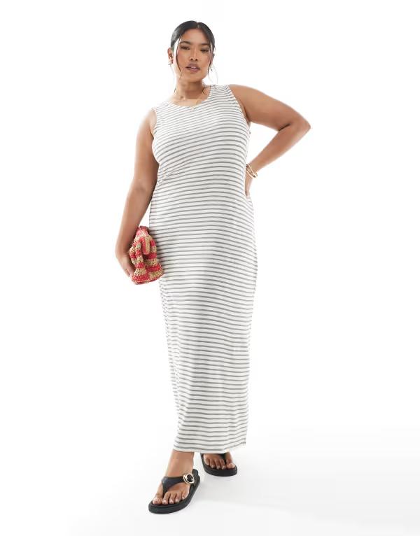 ヴェロモーダ レディース トップス ワンピース マキシ Vero Moda Curve slubby maxi tank dress in oatmeal and white stripes Oatmeal Stripes オートミール｜ReVida 店