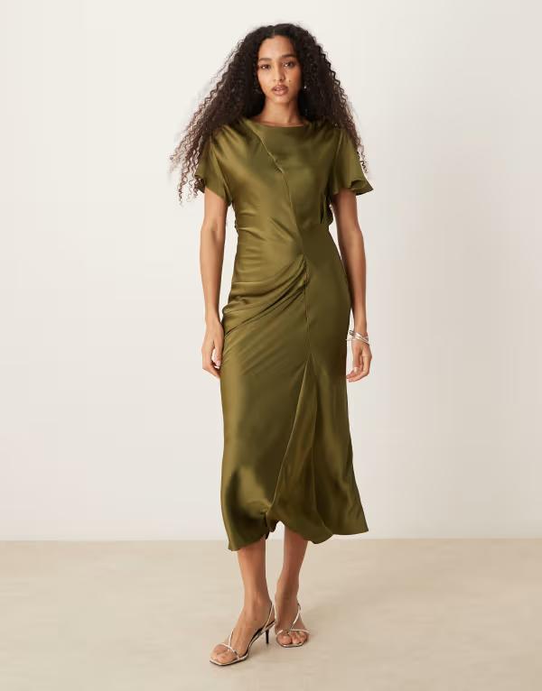 エイソス レディース トップス ワンピース マキシワンピース サテン マキシ ASOS DESIGN flutter sleeves satin maxi dress in olive Olive オリーブ
