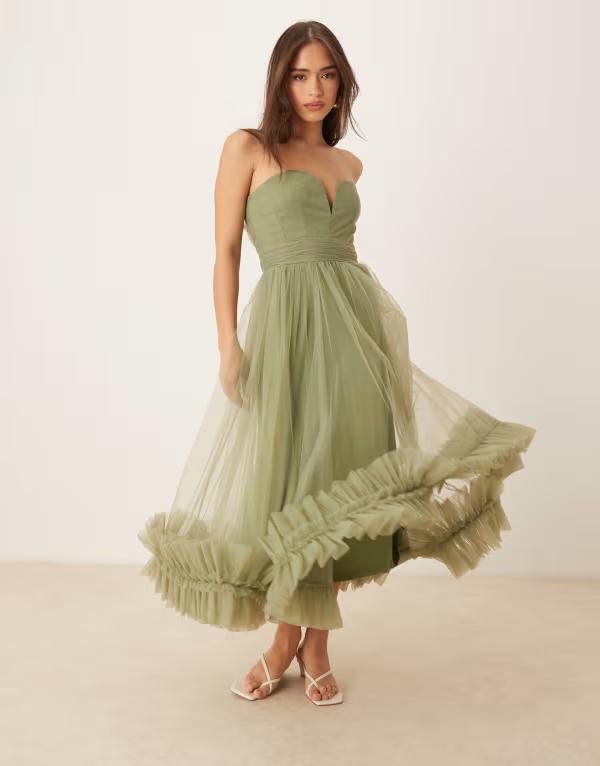 スピード競技 アンド ビーズ レディース トップス 衣装 フラウンス裾 チュール フラウンス Lace \u0026 Beads corset tulle ruffle hem midaxi dress インチ soft olive Soft Olive オリーブ