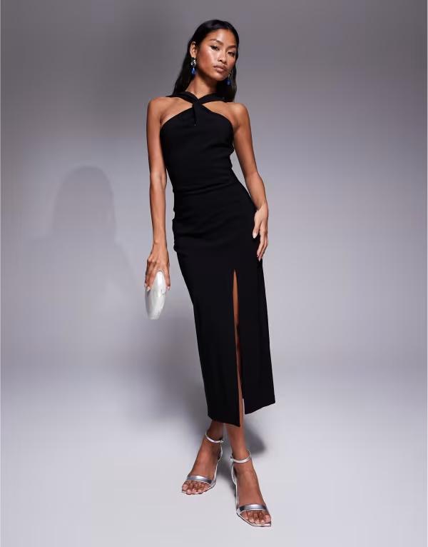 ベスパー レディース トップス 衣装 姿勢細長い切口 ホルター Vesper bengaline twist front halter neck side slit midaxi dress Black 黒いこと