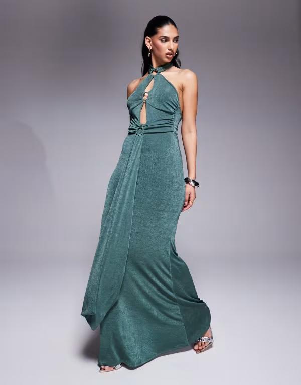 エイソス レディース トップス ワンピース マキシワンピース マキシ ASOS DESIGN ring detail maxi dress with tie back and sash Khaki カーキ