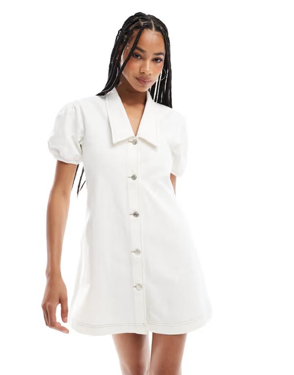 エイソス レディース トップス ワンピース ミニワンピース ミニ デニム ASOS DESIGN denim mini dress with collar and puff sleeves in ecru Ecru エクリュ