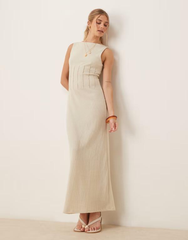 エイソス レディース トップス ワンピース ミディワンピース ミディ ノースリーブ ASOS DESIGN textured sleeveless slash neck corset detail midi dress in neutral Neautral