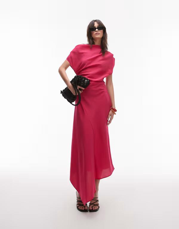 マンゴ レディース トップス 衣装 Mango off the shoulder asymetric rushed bodice dress インチ raspbery RED 赤いこと ワンピース-レディースファッション