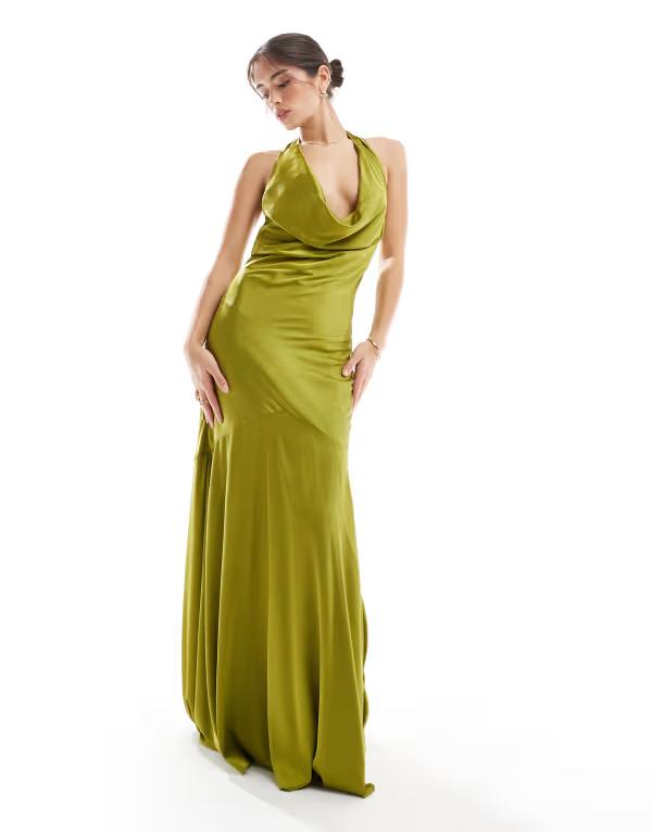 ティエフエヌシー レディース トップス ワンピース マキシワンピース サテン マキシ ホルター TFNC Bridesmaids cowl halterneck satin maxi dress in olive OLIVE オリーブ｜ReVida 店 14,950円