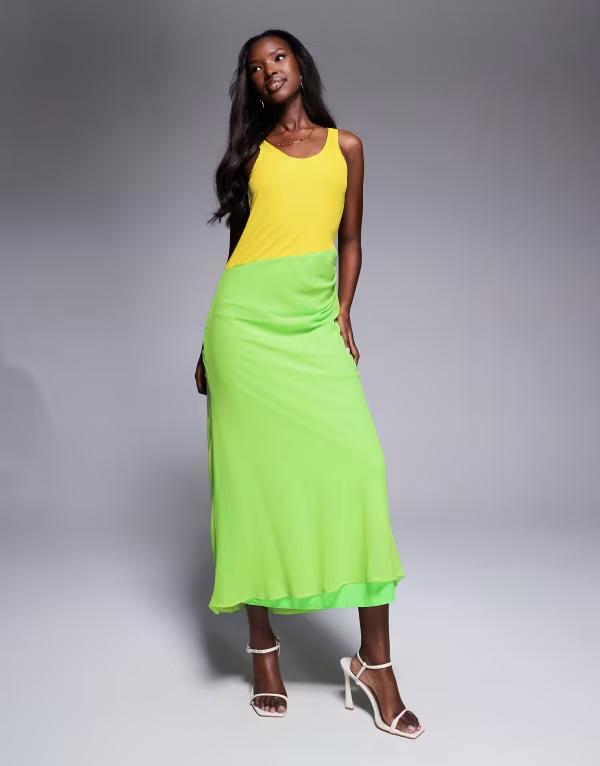 エイソス レディース トップス ワンピース シフォン マキシワンピース スカート マキシ ASOS DESIGN scoop racer neck maxi dress with chiffon skirt and yellow color block Green and yellow イエロー
