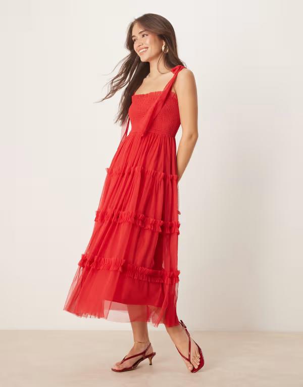 レース アンド ビーズ レディース トップス ワンピース ミディワンピース フリル ミディ Lace & Beads bow shoulders ruffle midi dress in cherry Cherry Red レッド