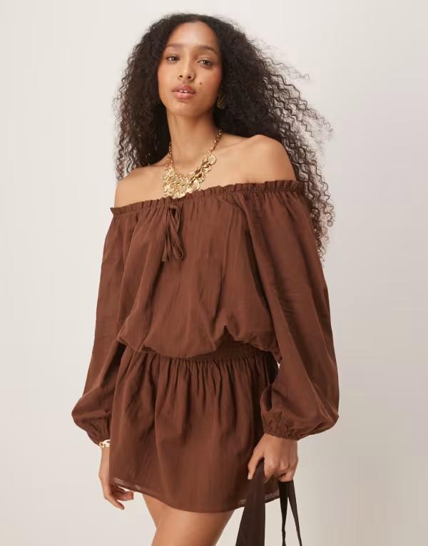エイソス レディース トップス ワンピース ミニワンピース ミニ コットン ASOS DESIGN cotton boho off the shoulder mini dress in chocolate Chocolate チョコレート