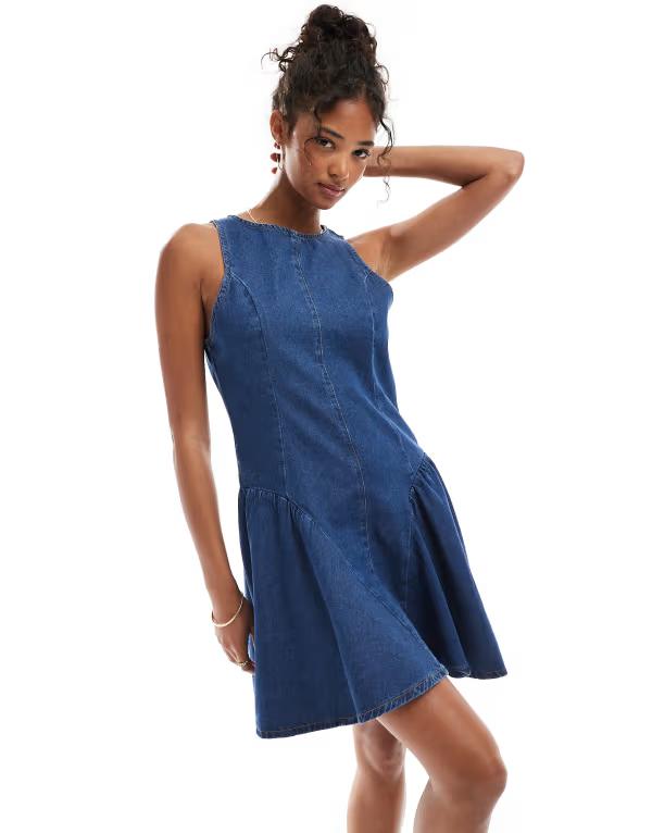 エイソス レディース トップス ワンピース ミニワンピース ミニ デニム ASOS DESIGN denim mini dress with gathered hip panels in mid Blue ブルー 15,360円