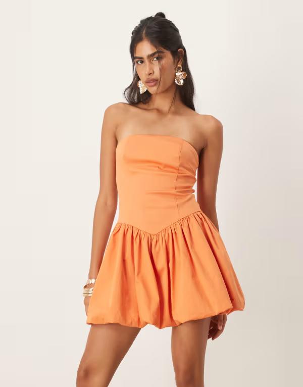 マンゴ レディース トップス 衣装 ミニ衣装 ミニ 綿織物 Mango cotton mix bandeau drop waist bubble hem mini dress インチ orangeオレンジ色 レディースファッション-ワンピース