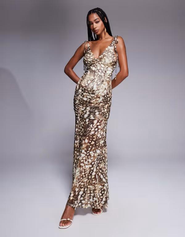 エイソス レディース トップス ワンピース アニマル柄 マキシワンピース プリント メッシュ マキシ ASOS DESIGN printed mesh maxi dress with cowl detailing and tie straps in animal print Animal Print アニマル