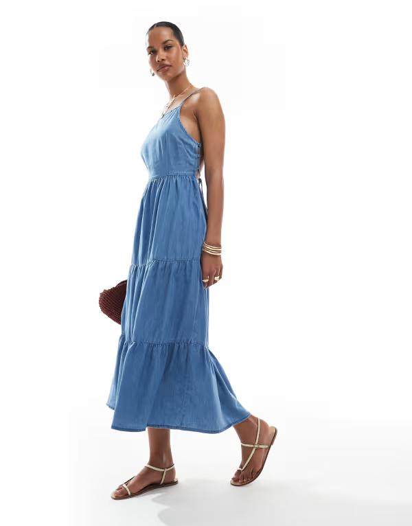 オンリー レディース トップス ワンピース オープンバック ティアード ONLY tiered midaxi cami dress with open back chambray MID BLUE ブルー