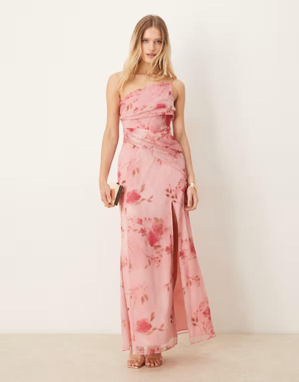 エイソス レディース トップス ワンピース マキシワンピース フラワー柄 ドレープ プリント ワンショルダー マキシ フラワー ASOS DESIGN one-shoulder draped maxi dress floral print Pink floral ピンク｜ReVida 店
