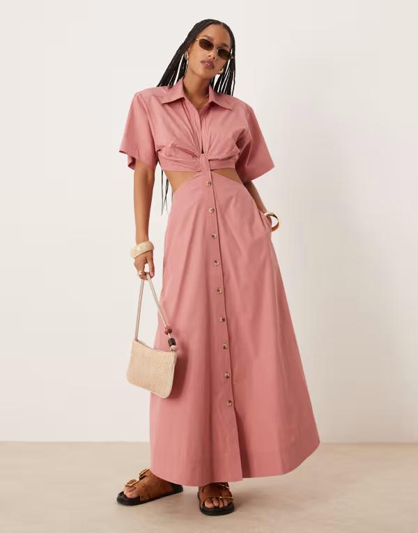 エイソス レディース トップス ワンピース Vネック カットアウト ミディワンピース ミディ シャツ ASOS DESIGN v neck cut out waist shirt midi dress in dusty rose Dusty Rose