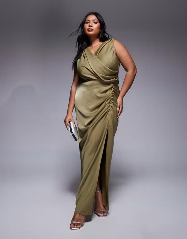 エイソス レディース トップス 衣装 マキシ衣装 ドレープ 向こう正面細長い切口 マキシ ASOS Curve ASOS DESIGN Curve drape front slit detail maxi dress インチ light LIGHT GREEN 緑であること