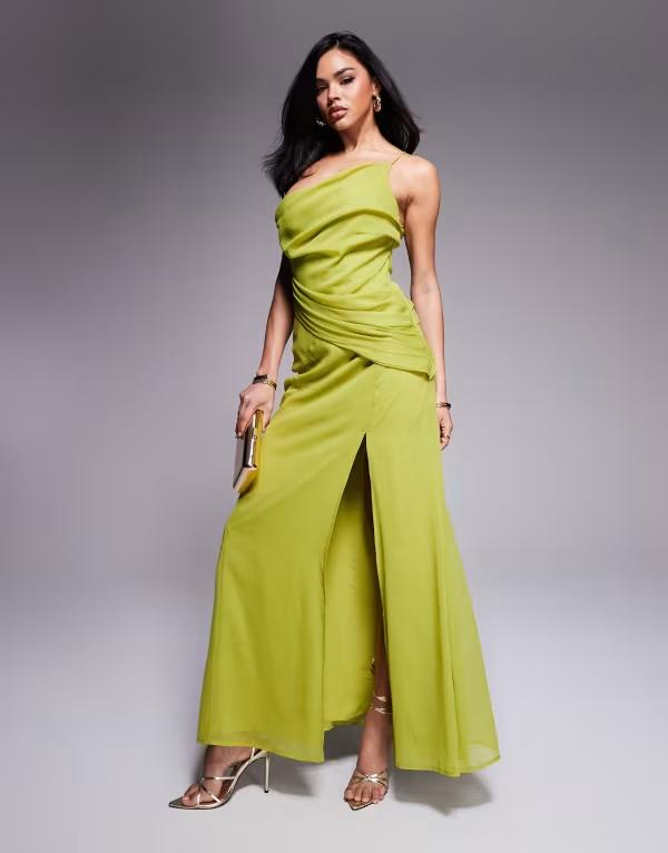 エイソス レディース トップス 衣装 マキシ衣装 ドレープ マキシ ASOS DESIGN one shoulder draped maxi dress インチ olive OLIVE GREEN 緑であること