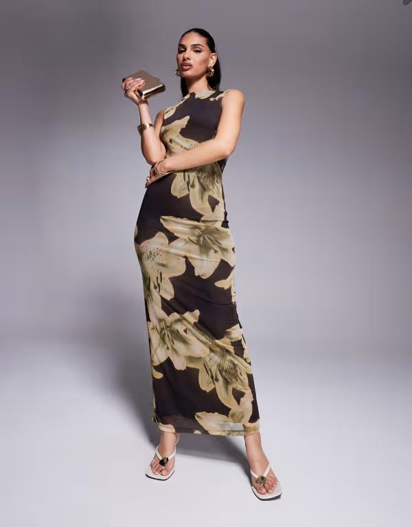 エイソス レディース トップス ワンピース マキシワンピース フラワー柄 プリント メッシュ マキシ フラワー ASOS DESIGN oversized floral printed mesh slash neck maxi dress BROWN ブラウン