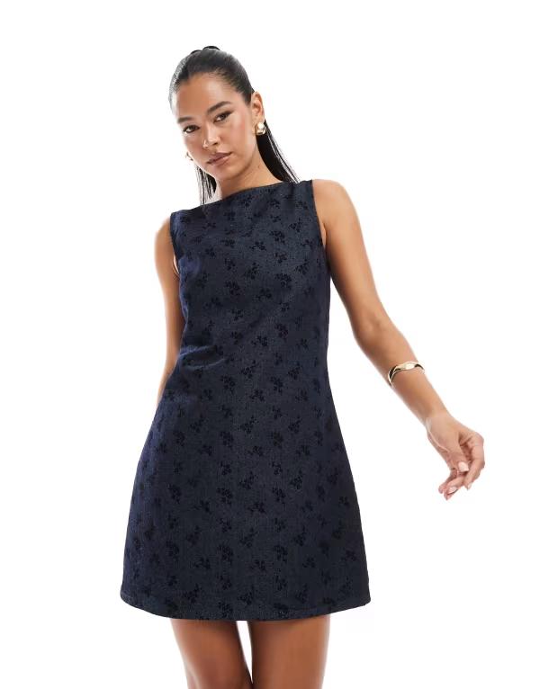 エイソス レディース トップス ワンピース フラワー柄 デニム フラワー ASOS DESIGN denim shift dress with ditsy floral flock Rinse wash デニム