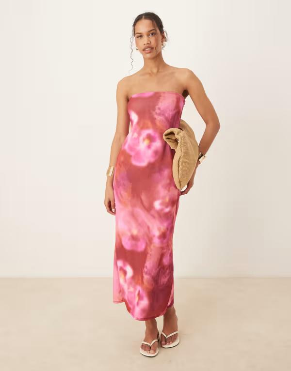 エイソス レディース トップス ワンピース ミディワンピース フラワー柄 プリント ミディ スキューバ フラワー ASOS DESIGN bandeau scuba midi dress floral print Pink floral ピンク