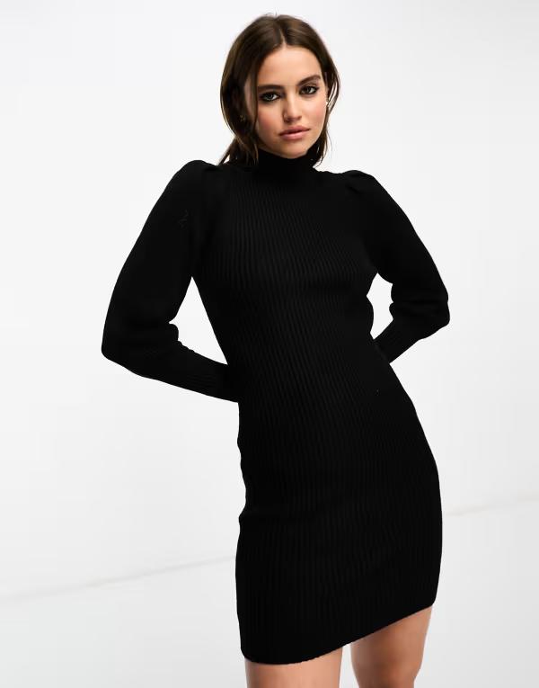 オンリー レディース トップス ワンピース ハイネック ミニ セーター Only high neck puff sleeve mini sweater dress Black ブラック