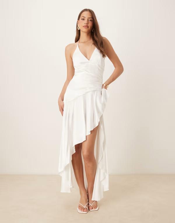赤ちょうちん点点 レディース トップス 衣装 非対称 ホルター Bardot halterneck asymmetric midaxi dress Orchid White 白いこと