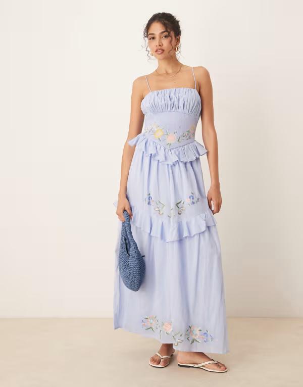 エイソス レディース トップス ワンピース マキシワンピース マキシ ASOS DESIGN cami maxi dress with shirred waist embroidery Blue ブルー